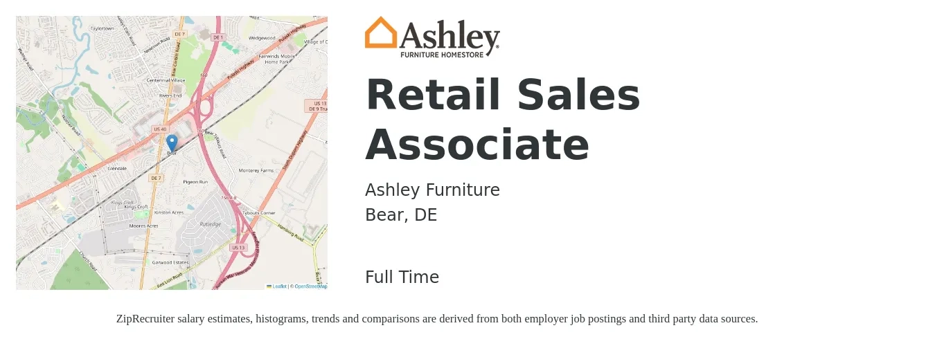 Ashley Furniture job posting for a Retail Sales Associate in Bear, DE with a salary of $14 to $16 Hourly with a map of Bear location.