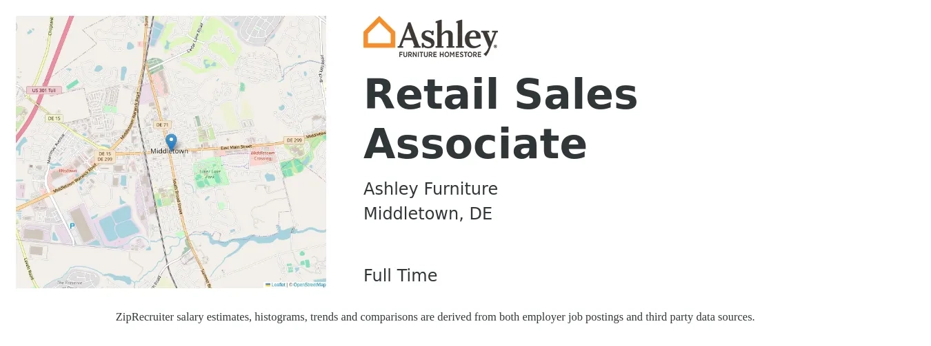 Ashley Furniture job posting for a Retail Sales Associate in Middletown, DE with a salary of $14 to $16 Hourly with a map of Middletown location.