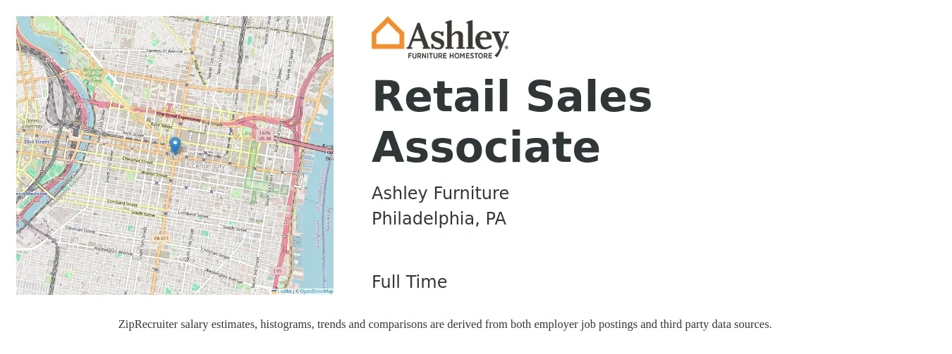 Ashley Furniture job posting for a Retail Sales Associate in Philadelphia, PA with a salary of $15 to $18 Hourly with a map of Philadelphia location.