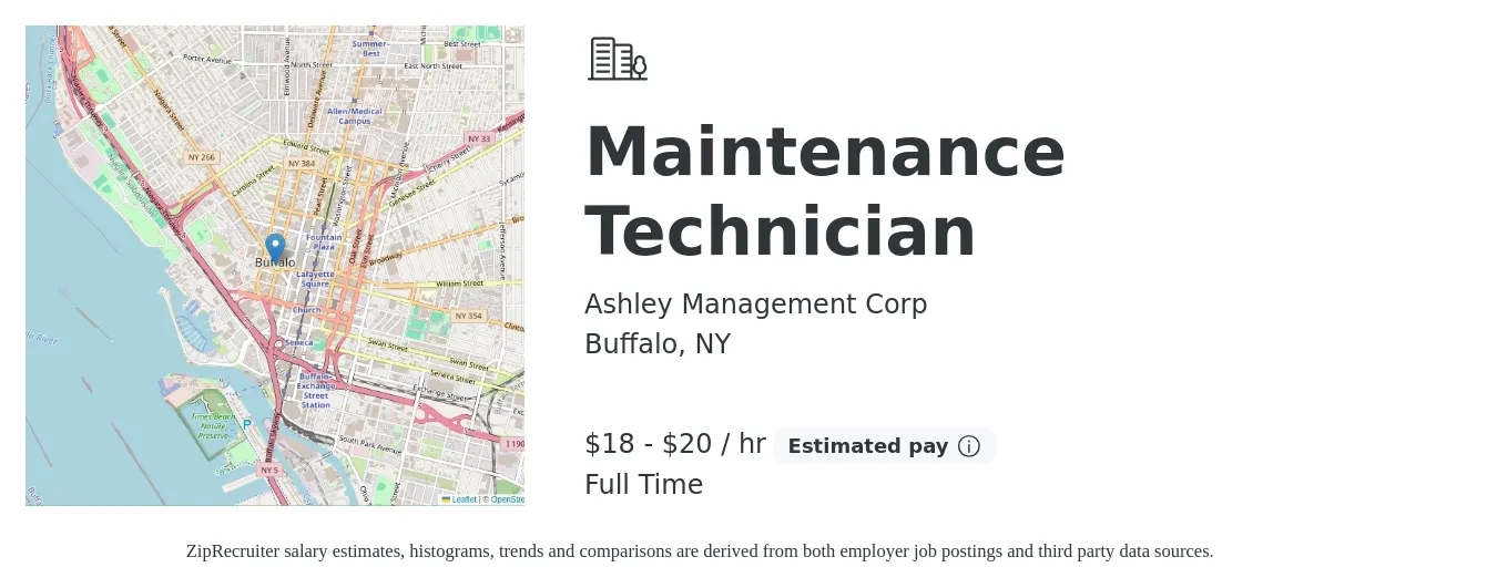 Ashley Management Corp job posting for a Maintenance Technician in Buffalo, NY with a salary of $19 to $21 Hourly with a map of Buffalo location.