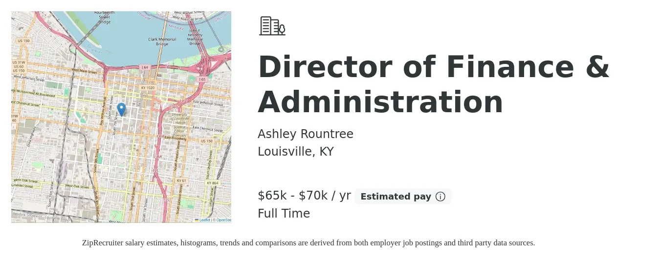 Ashley Rountree job posting for a Director of Finance & Administration in Louisville, KY with a salary of $65,000 to $70,000 Yearly with a map of Louisville location.