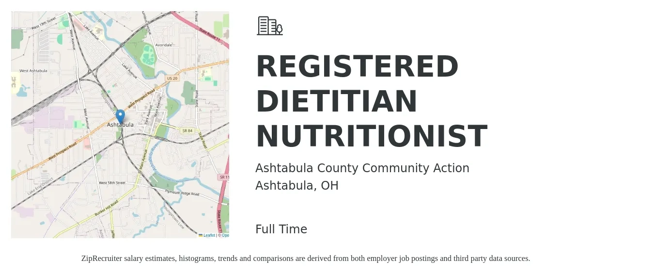 Ashtabula County Community Action job posting for a Registered Dietitian Nutritionist in Ashtabula, OH with a salary of $28 to $38 Hourly with a map of Ashtabula location.