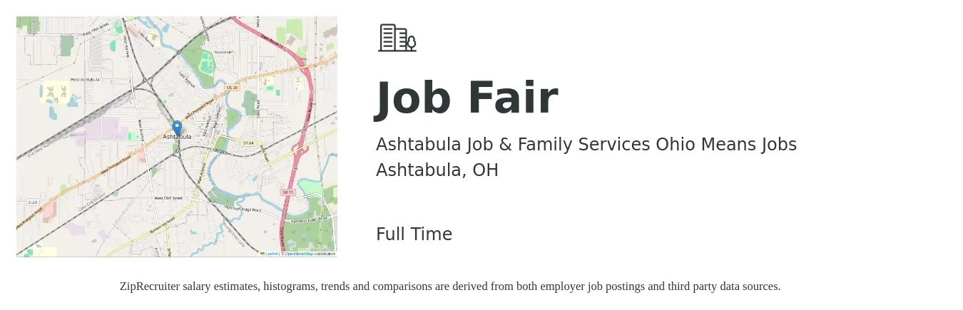Ashtabula Job & Family Services Ohio Means Jobs job posting for a Job Fair in Ashtabula, OH with a salary of $85,200 to $129,800 Yearly with a map of Ashtabula location.