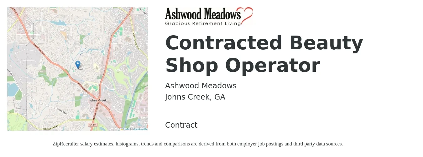 Ashwood Meadows job posting for a Contracted Beauty Shop Operator in Johns Creek, GA with a salary of $16 to $21 Hourly with a map of Johns Creek location.