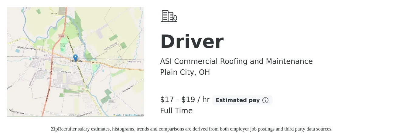ASI Commercial Roofing and Maintenance job posting for a Driver in Plain City, OH with a salary of $18 to $20 Hourly with a map of Plain City location.