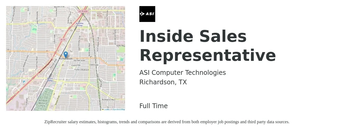 ASI Computer Technologies job posting for a Inside Sales Representative in Richardson, TX with a salary of $35,700 to $53,300 Yearly with a map of Richardson location.