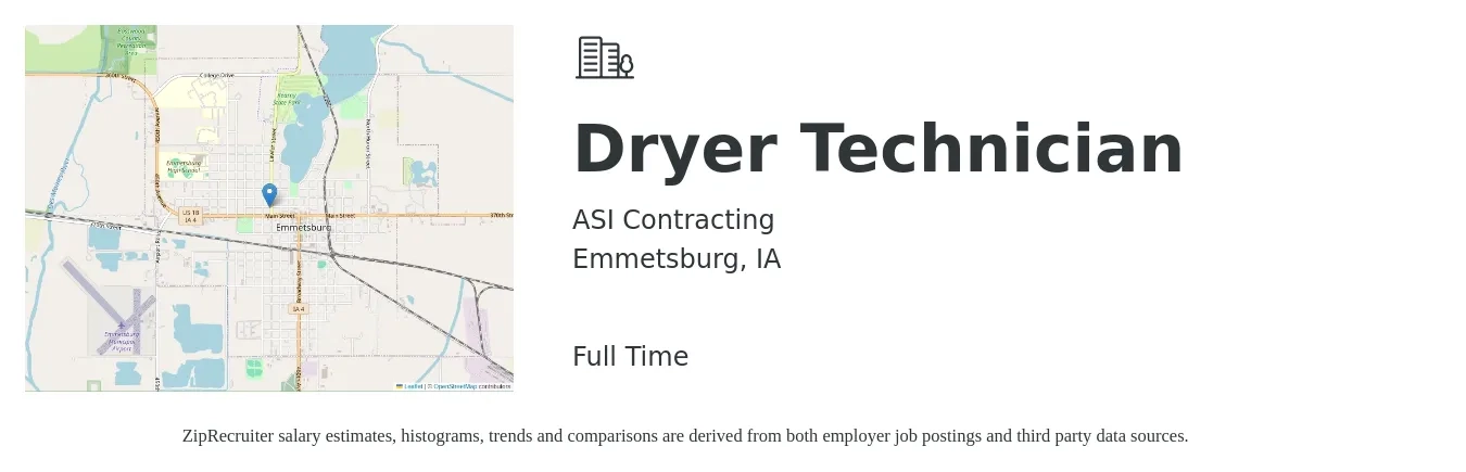 ASI Contracting job posting for a Dryer Technician in Emmetsburg, IA with a salary of $14 to $22 Hourly with a map of Emmetsburg location.