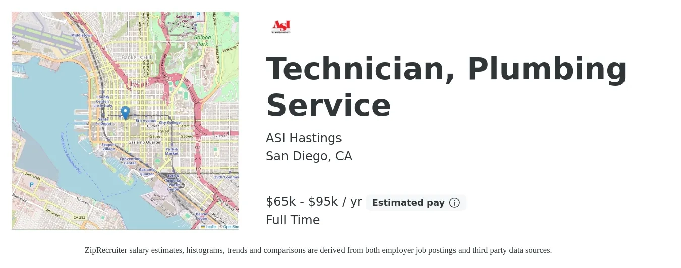 ASI Hastings job posting for a Technician, Plumbing Service in San Diego, CA with a salary of $65,000 to $95,000 Yearly with a map of San Diego location.