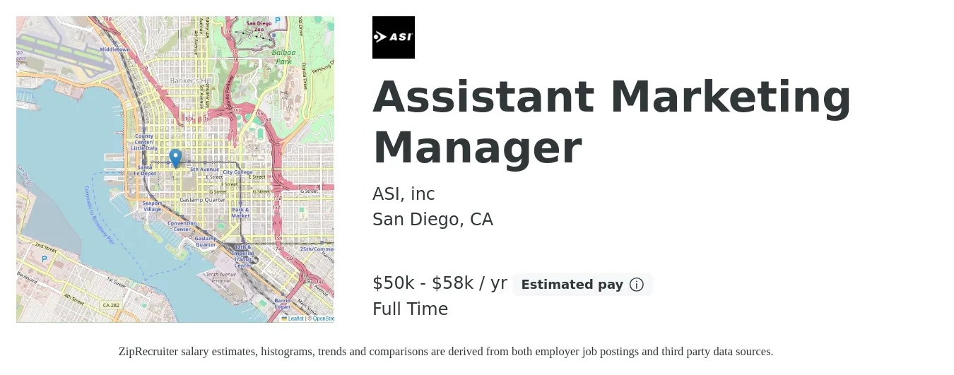 ASI, inc job posting for a Assistant Marketing Manager in San Diego, CA with a salary of $50,000 to $58,000 Yearly with a map of San Diego location.
