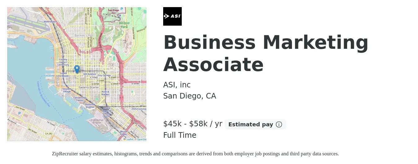 ASI, inc job posting for a Business Marketing Associate in San Diego, CA with a salary of $45,000 to $58,000 Yearly with a map of San Diego location.