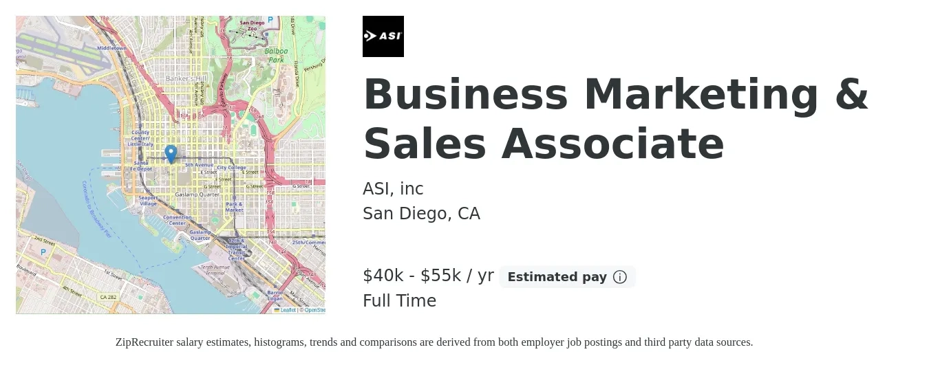 ASI, inc job posting for a Business Marketing & Sales Associate in San Diego, CA with a salary of $40,000 to $55,000 Yearly with a map of San Diego location.