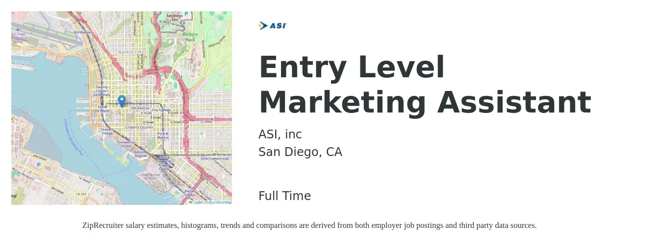 ASI, inc job posting for a Entry Level Marketing Assistant in San Diego, CA with a salary of $48,000 to $55,000 Yearly with a map of San Diego location.