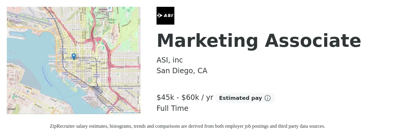 ASI, inc job posting for a Marketing Associate in San Diego, CA with a salary of $45,000 to $60,000 Yearly with a map of San Diego location.