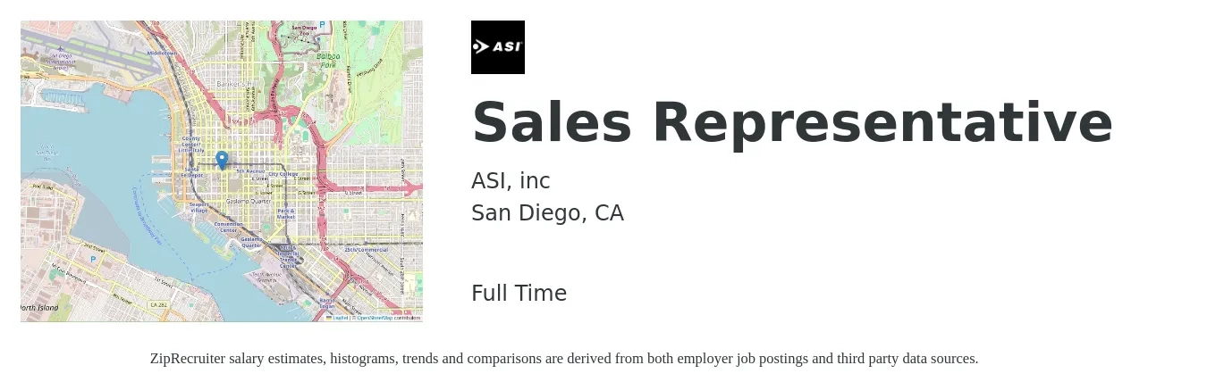 ASI, inc job posting for a Sales Representative in San Diego, CA with a salary of $700 to $1,200 Weekly with a map of San Diego location.