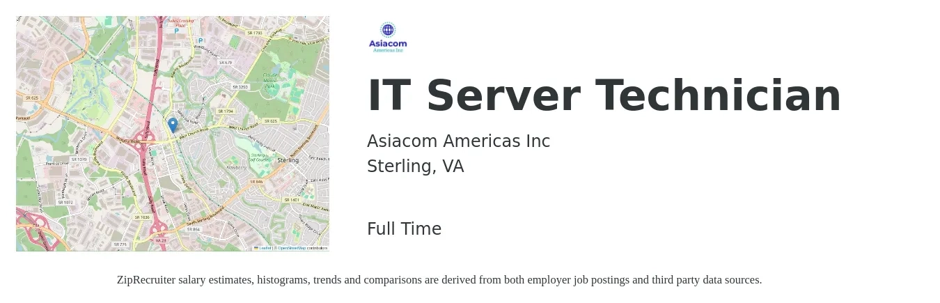 Asiacom Americas Inc job posting for a IT Server Technician in Sterling, VA with a salary of $22 to $30 Hourly with a map of Sterling location.