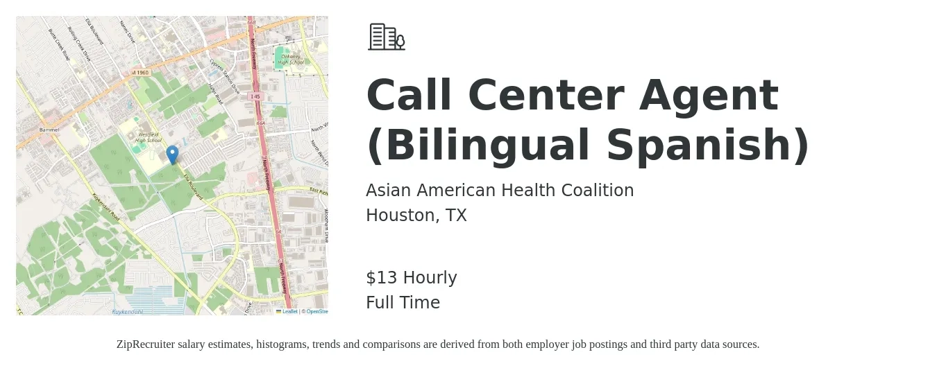 Asian American Health Coalition job posting for a Call Center Agent (Bilingual Spanish) in Houston, TX with a salary of $14 Hourly with a map of Houston location.