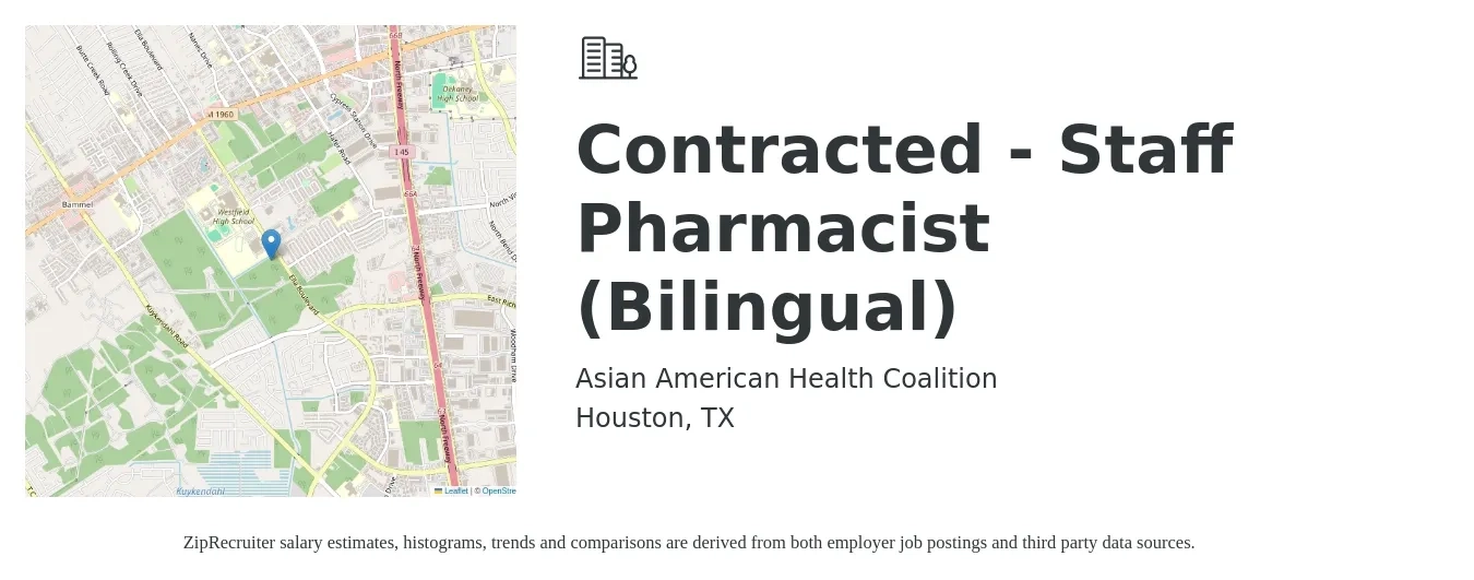 Asian American Health Coalition job posting for a Contracted - Staff Pharmacist (Bilingual) in Houston, TX with a salary of $52 to $61 Hourly with a map of Houston location.