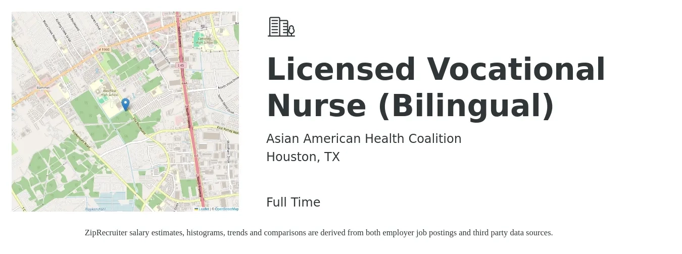 Asian American Health Coalition job posting for a Licensed Vocational Nurse (Bilingual) in Houston, TX with a salary of $26 to $35 Hourly with a map of Houston location.