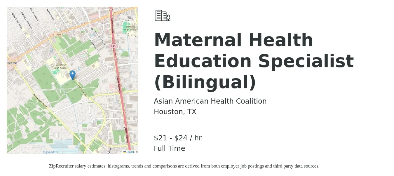 Asian American Health Coalition job posting for a Maternal Health Education Specialist (Bilingual) in Houston, TX with a salary of $22 to $25 Hourly with a map of Houston location.