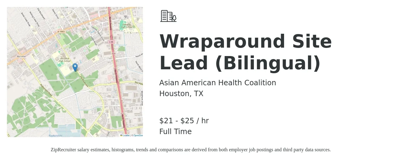 Asian American Health Coalition job posting for a Wraparound Site Lead (Bilingual) in Houston, TX with a salary of $22 to $27 Hourly with a map of Houston location.