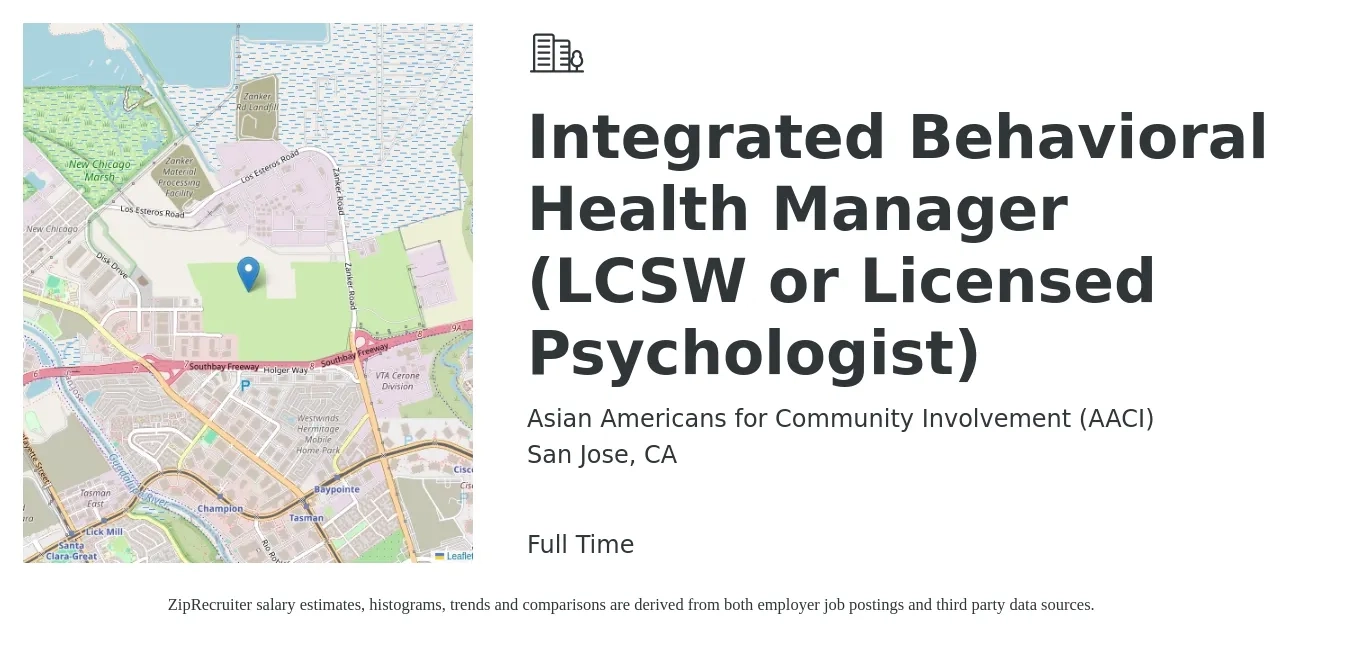 Asian Americans for Community Involvement (AACI) job posting for a Integrated Behavioral Health Manager (LCSW or Licensed Psychologist) in San Jose, CA with a map of San Jose location.