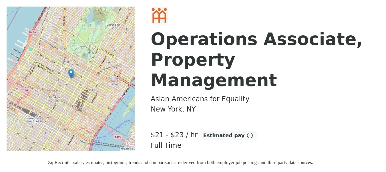 Asian Americans for Equality job posting for a Operations Associate, Property Management in New York, NY with a salary of $22 to $25 Hourly with a map of New York location.