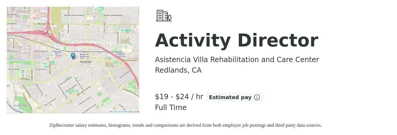 Asistencia Villa Rehabilitation and Care Center job posting for a Activity Director in Redlands, CA with a salary of $20 to $25 Hourly with a map of Redlands location.