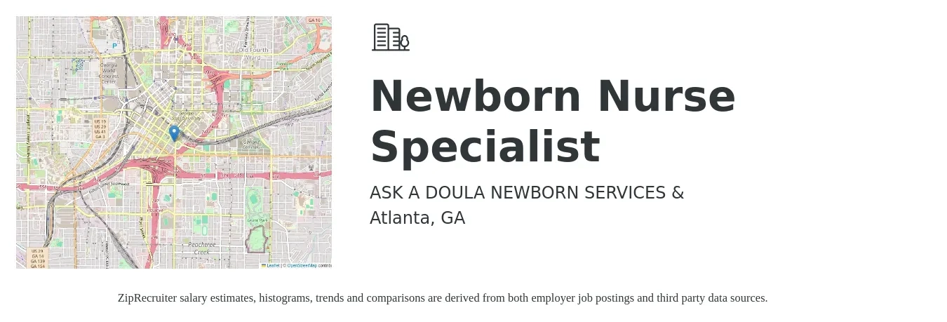 ASK A DOULA NEWBORN SERVICES & job posting for a Newborn Nurse Specialist in Atlanta, GA with a salary of $37,500 to $58,200 Yearly with a map of Atlanta location.