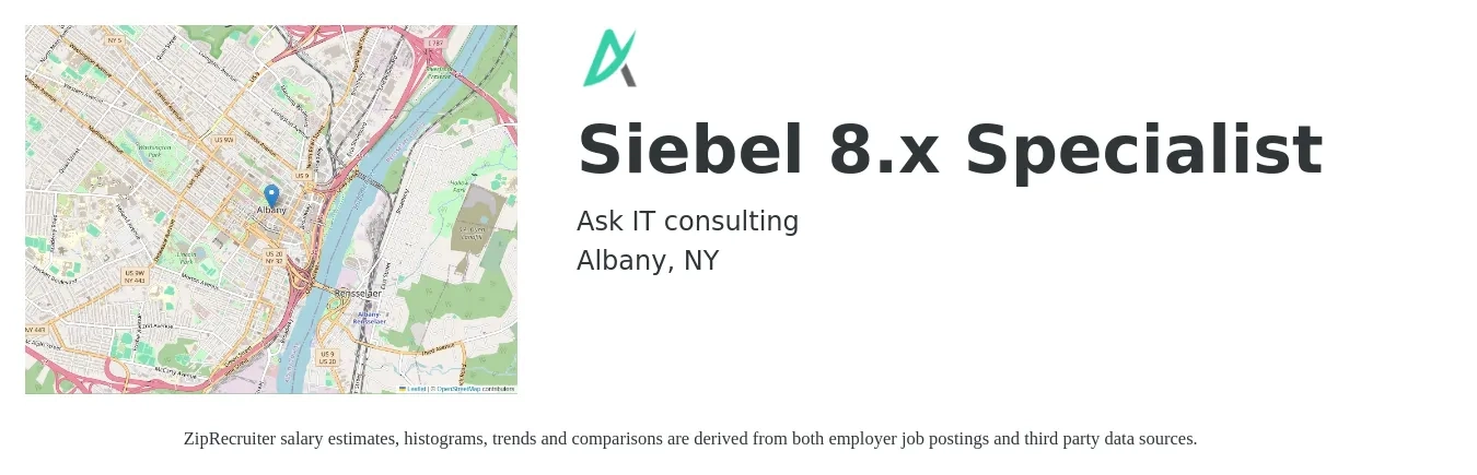 Ask IT consulting job posting for a Siebel 8.x Specialist in Albany, NY with a salary of $56 to $76 Hourly with a map of Albany location.