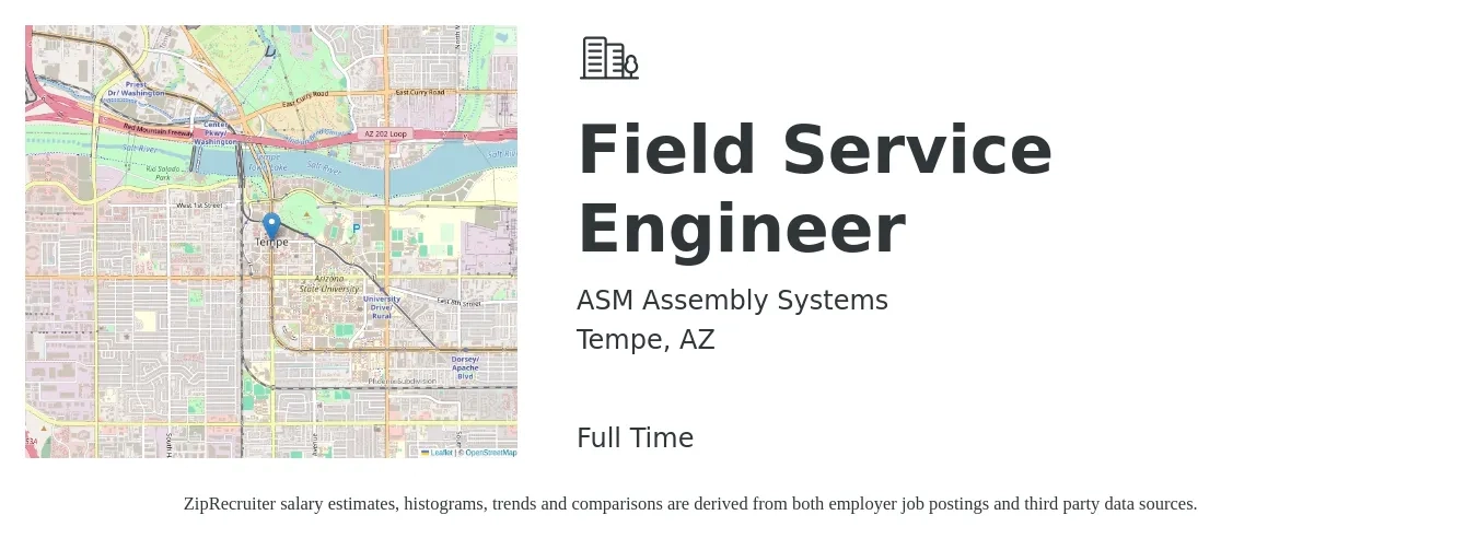 ASM Assembly Systems job posting for a Field Service Engineer in Tempe, AZ with a salary of $55,800 to $82,700 Yearly with a map of Tempe location.