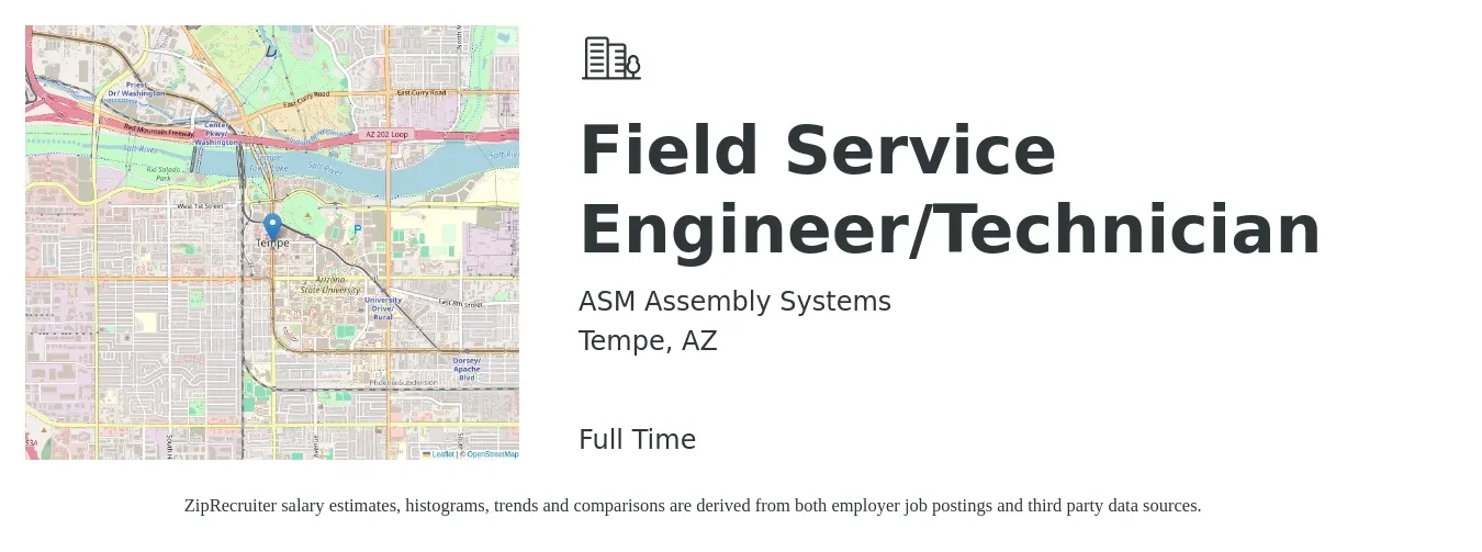 ASM Assembly Systems job posting for a Field Service Engineer/Technician in Tempe, AZ with a salary of $55,800 to $82,700 Yearly with a map of Tempe location.