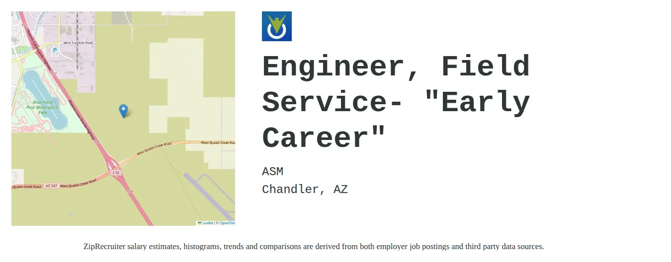 ASM job posting for a Engineer, Field Service- "Early Career" in Chandler, AZ with a salary of $56,100 to $83,200 Annually with a map of Chandler location.