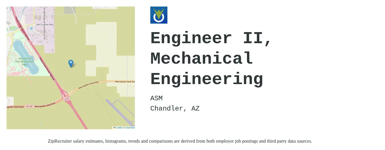 ASM job posting for a Engineer II, Mechanical Engineering in Chandler, AZ with a salary of $80,300 to $124,600 Annually with a map of Chandler location.