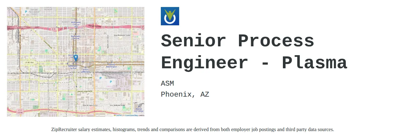 ASM job posting for a Senior Process Engineer - Plasma in Phoenix, AZ with a salary of $103,300 to $133,500 Annually with a map of Phoenix location.