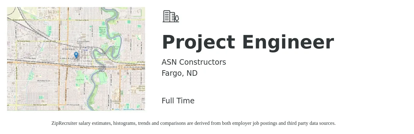 ASN Constructors job posting for a Project Engineer in Fargo, ND with a salary of $72,700 to $101,600 Yearly with a map of Fargo location.