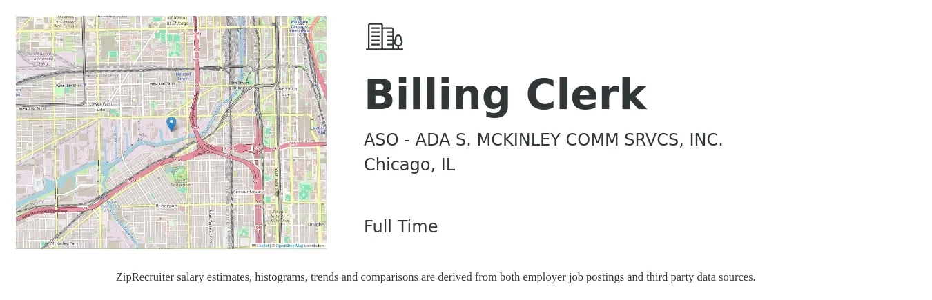 ASO - ADA S. MCKINLEY COMM SRVCS, INC. job posting for a Billing Clerk in Chicago, IL with a salary of $18 to $23 Hourly with a map of Chicago location.