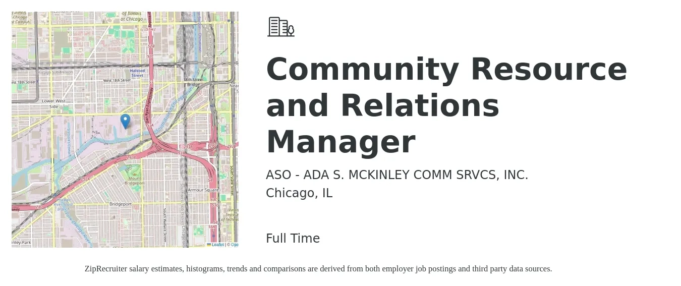 ASO - ADA S. MCKINLEY COMM SRVCS, INC. job posting for a Community Resource and Relations Manager in Chicago, IL with a salary of $142,300 Yearly with a map of Chicago location.