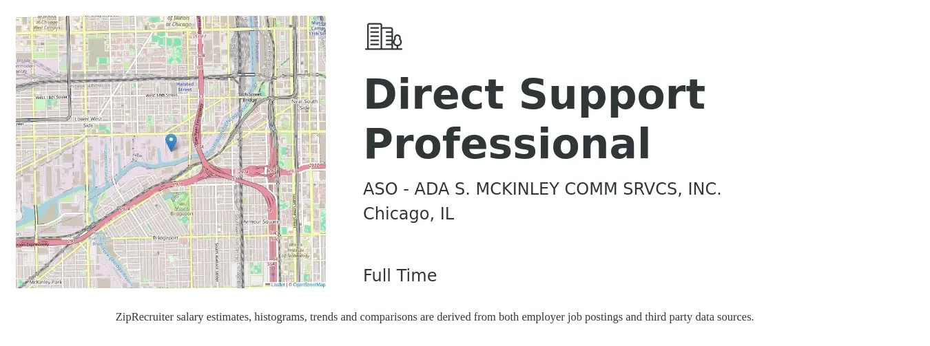 ASO - ADA S. MCKINLEY COMM SRVCS, INC. job posting for a Direct Support Professional in Chicago, IL with a salary of $16 to $19 Hourly with a map of Chicago location.