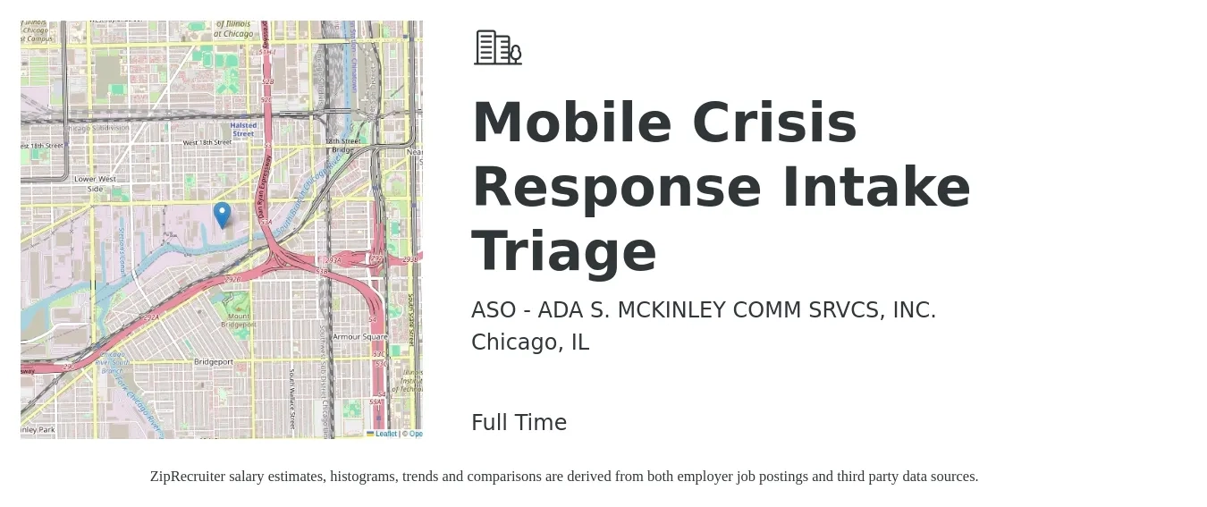 ASO - ADA S. MCKINLEY COMM SRVCS, INC. job posting for a Mobile Crisis Response Intake Triage in Chicago, IL with a map of Chicago location.
