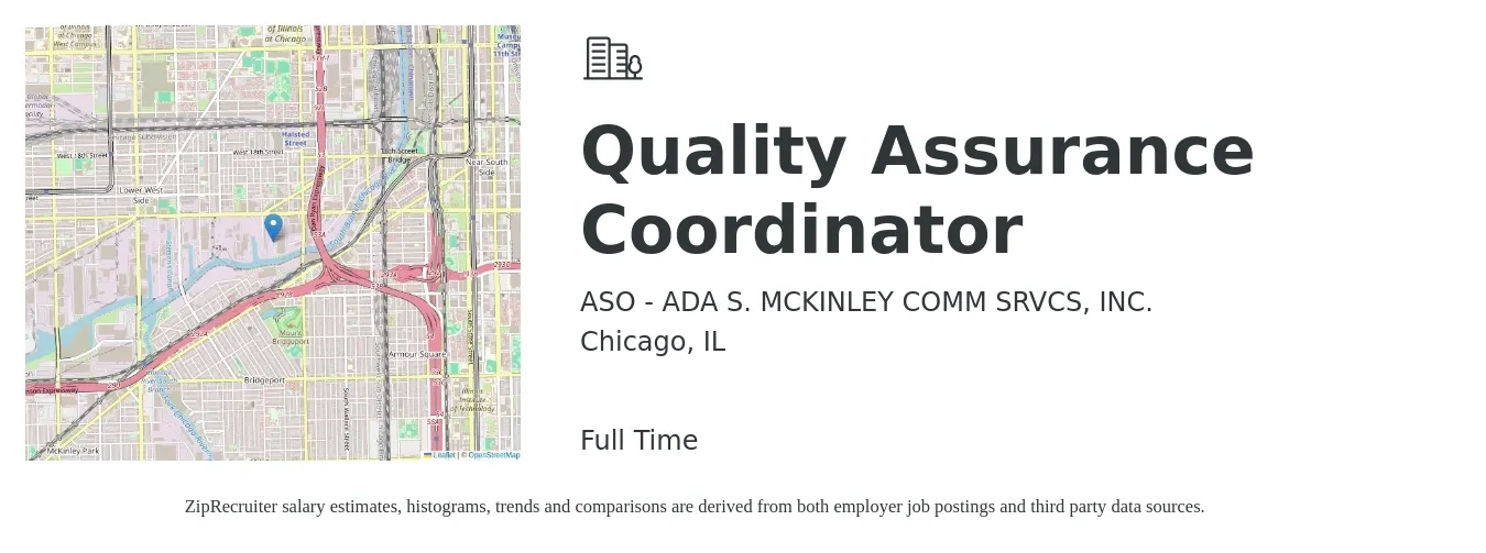 ASO - ADA S. MCKINLEY COMM SRVCS, INC. job posting for a Quality Assurance Coordinator in Chicago, IL with a salary of $22 to $33 Hourly with a map of Chicago location.