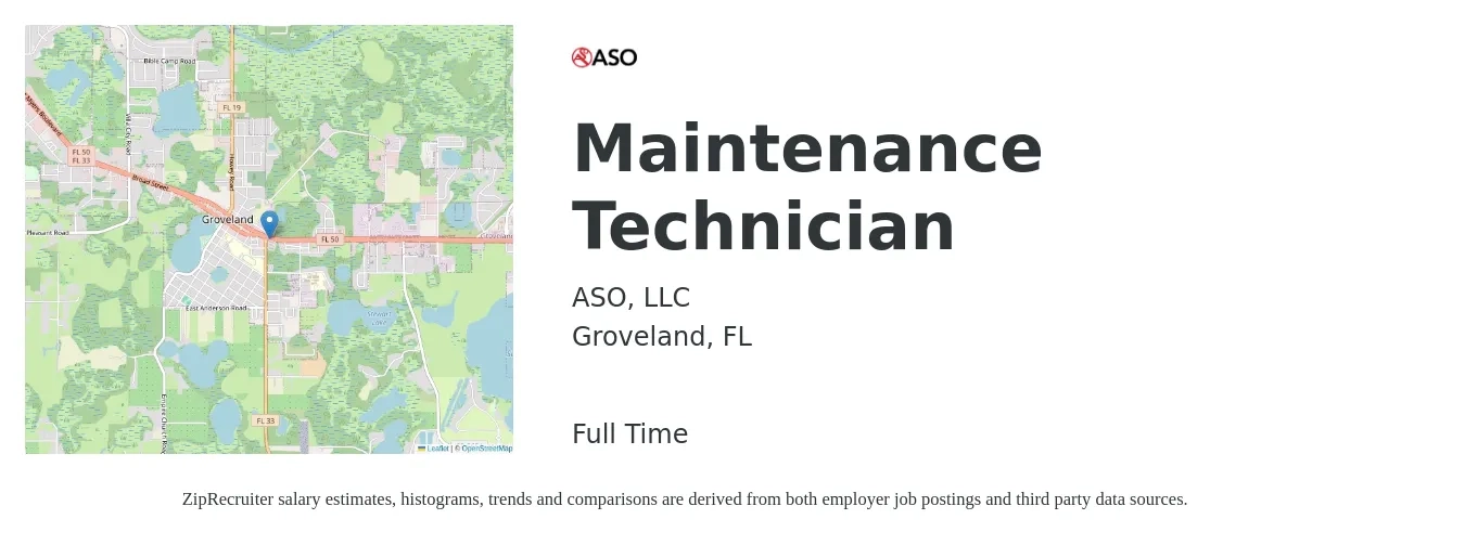 ASO, LLC job posting for a Maintenance Technician in Groveland, FL with a salary of $17 to $24 Hourly with a map of Groveland location.