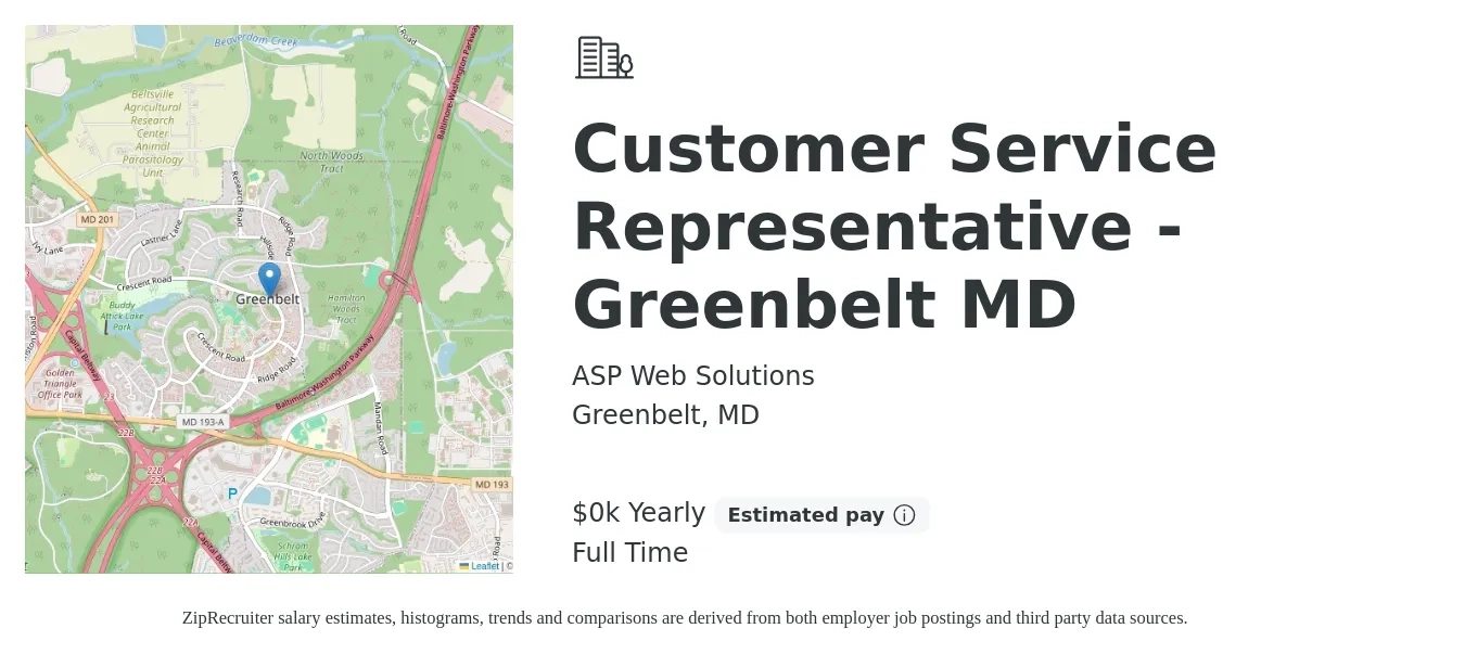 ASP Web Solutions job posting for a Customer Service Representative - Greenbelt MD in Greenbelt, MD with a salary of $75 to $80 Yearly with a map of Greenbelt location.