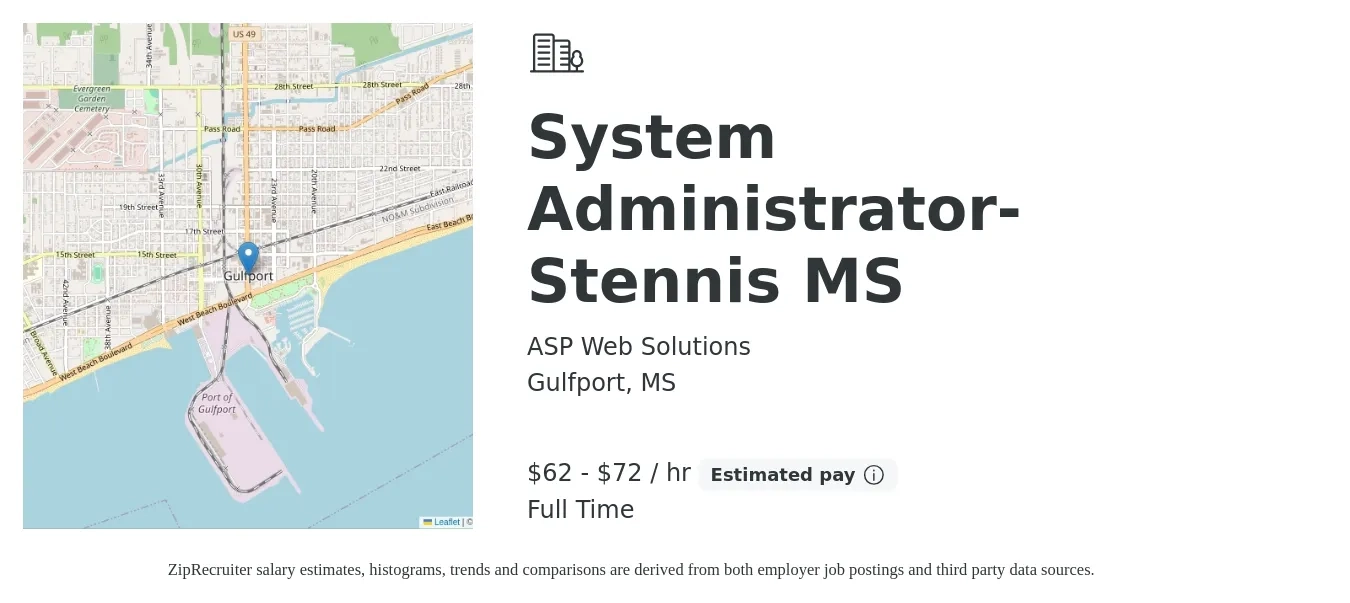 ASP Web Solutions job posting for a System Administrator- Stennis MS in Gulfport, MS with a salary of $65 to $75 Hourly with a map of Gulfport location.