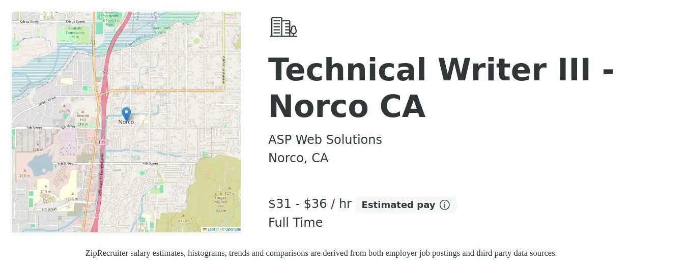 ASP Web Solutions job posting for a Technical Writer III - Norco CA in Norco, CA with a salary of $33 to $38 Hourly with a map of Norco location.