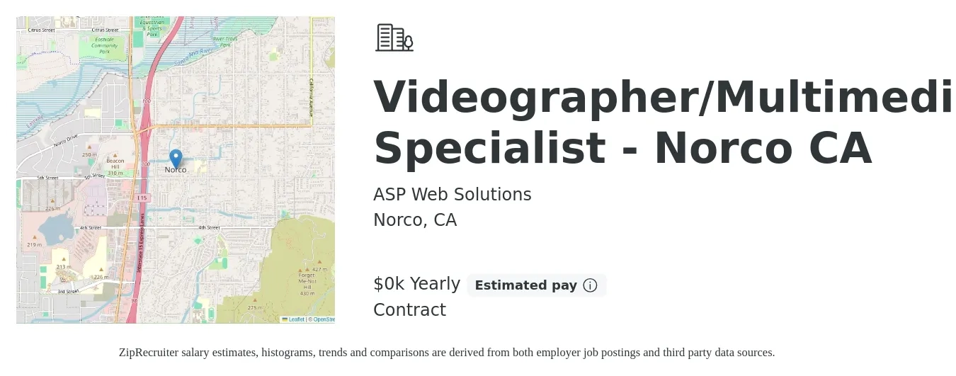 ASP Web Solutions job posting for a Videographer/Multimedia Specialist - Norco CA in Norco, CA with a salary of $50 to $80 Yearly with a map of Norco location.