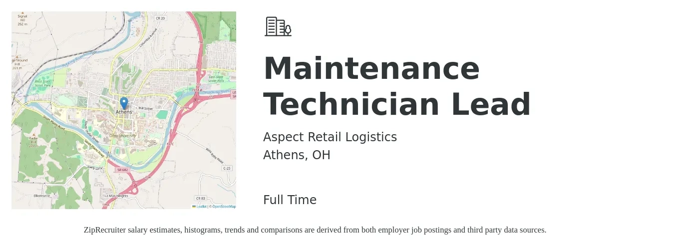 Aspect Retail Logistics job posting for a Maintenance Technician Lead in Athens, OH with a salary of $22 to $30 Hourly with a map of Athens location.