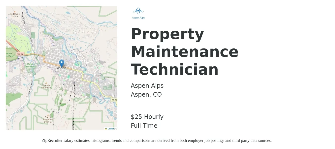 Aspen Alps job posting for a Property Maintenance Technician in Aspen, CO with a salary of $26 Hourly with a map of Aspen location.