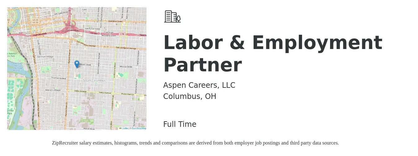 Aspen Careers, LLC job posting for a Labor & Employment Partner in Columbus, OH with a salary of $102,800 to $166,000 Yearly with a map of Columbus location.