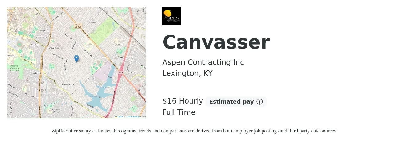 Aspen Contracting Inc job posting for a Canvasser in Lexington, KY with a salary of $17 Hourly with a map of Lexington location.
