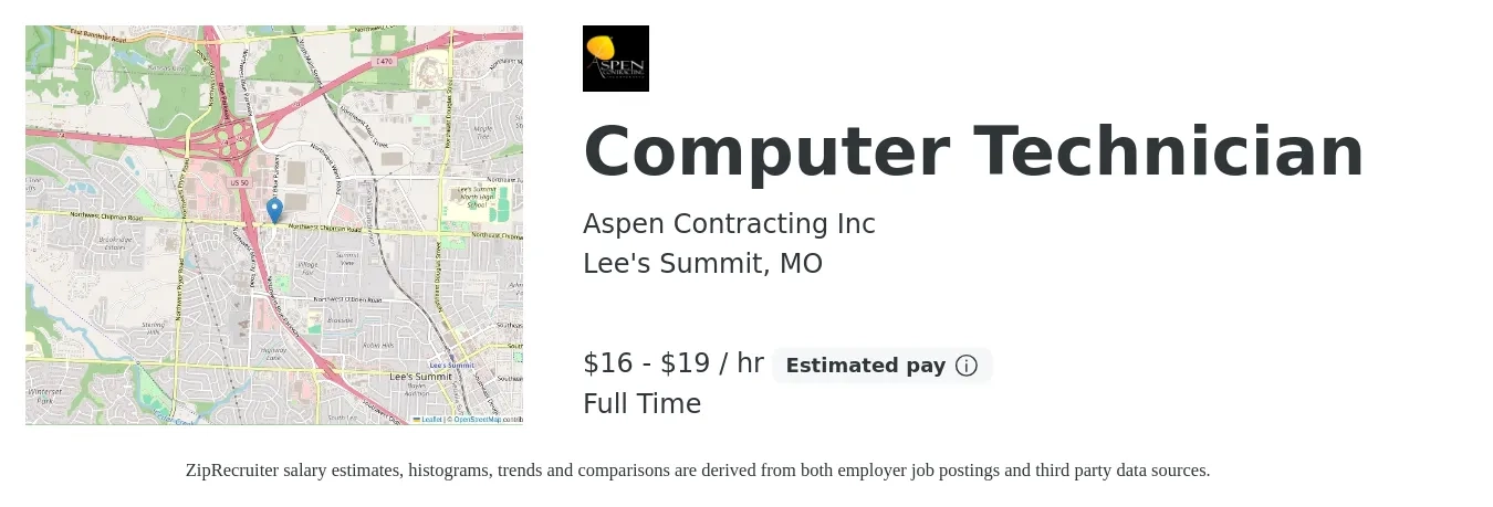 Aspen Contracting Inc job posting for a Computer Technician in Lee's Summit, MO with a salary of $17 to $20 Hourly with a map of Lee's Summit location.